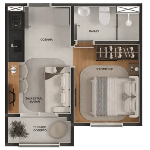 Planta do apartamento de 1 dormitório com 25,1 m²