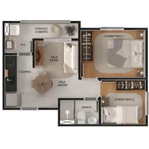 Planta do apartamento de 2 dormitórios com 36,4 m²